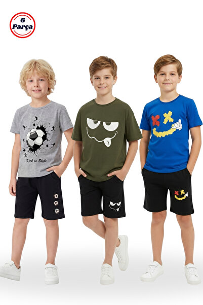 FYK KİDS 3-Piece Round Neck Print Detail Boys' 6-Piece Top and Bottom Set