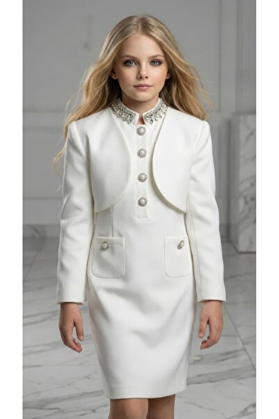 By Feyza Kids Collection Girl's Stone Collar Detailed Jacket Dress – Pink & E...