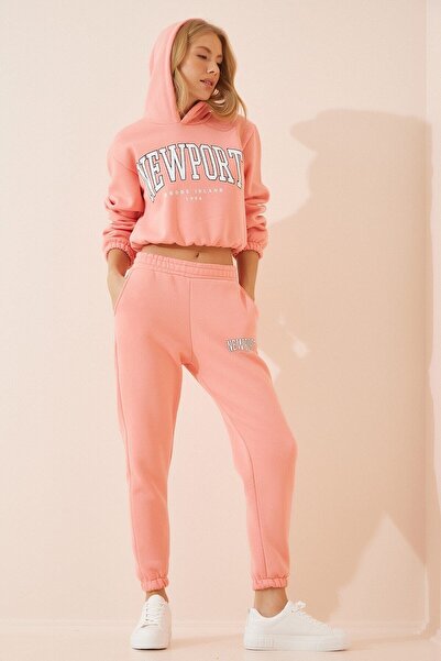 Yasmy Collection Women's Pink Hooded Printed Fleece Top Crop Inside Ribbed Tr...