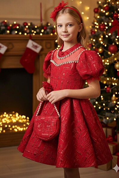 Riccotarz Rochie de seară roșie umflată pentru fetiță, cu mâneci balon, cu de...