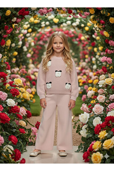 CoCo Rose Embroidered Wide-Leg Pants Top and Bottom Girl's Knitwear Set