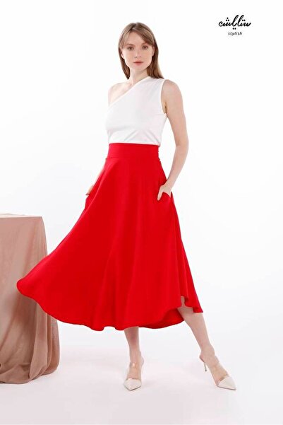 Stylish A soft white and red tailored set with an off-the-shoulder top and a ...