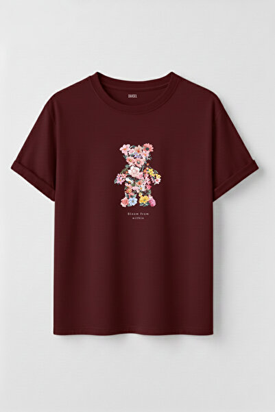 DK DAKSEL Women's Multicolored Floral Filled Bear Figured Oversized Cotton T-...