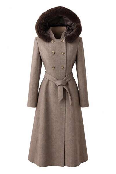 ESİN GİYİM Kruvaze Düğmeli Kuşaklı Kapşonlu Kaşe Kaban