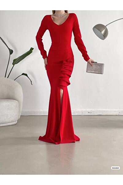 merysare Women's V-Neck Skirt Ruffled Slit Crepe Evening Dress