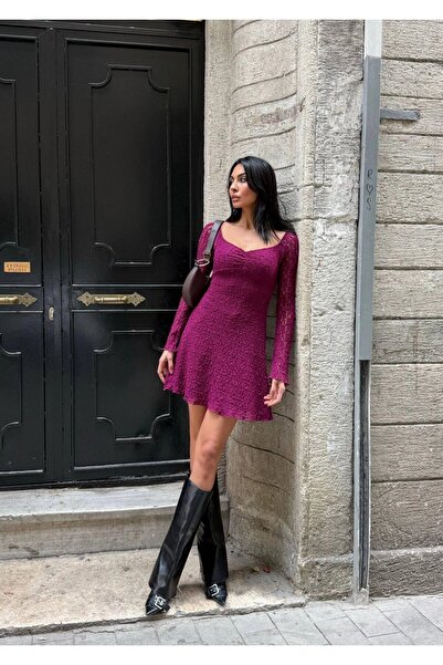 Freya Women's Purple Long Sleeve Lace Detail Lined Flared Dress Hzl25W-Fry123531