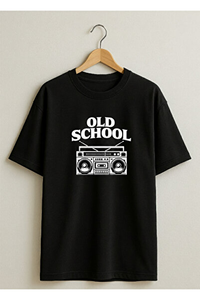 Old School Boombox Baskılı Oversize Siyah Tişört