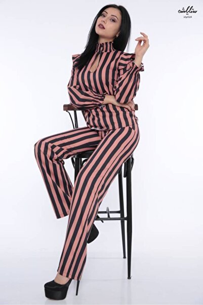Stylish A very stylish striped brown and black outfit consisting of a high-ne...