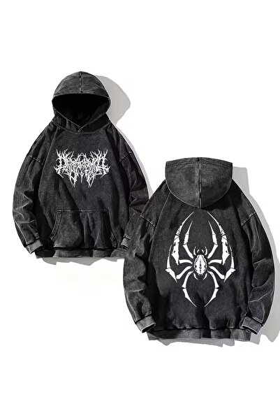 Le Savu Washable Spider Retro Printed Unisex Hooded Oversized Sweatshirt