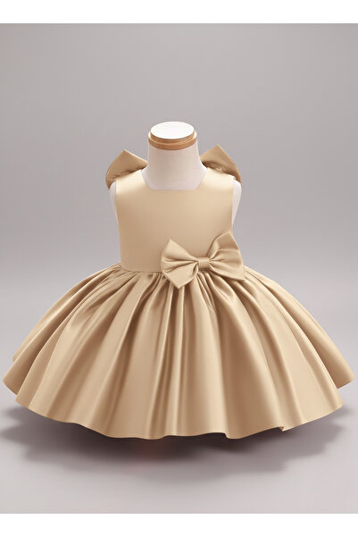 melek golden Girl's Satin Dress with Bow – Stylish Princess Model Special Occ...