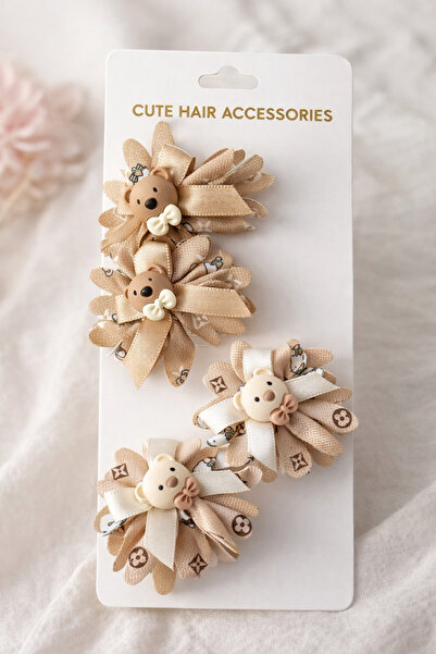 Laria Minik Ayıcıklı Lastikli Kız Çocuk Bebek 4'Lü Saç Toka