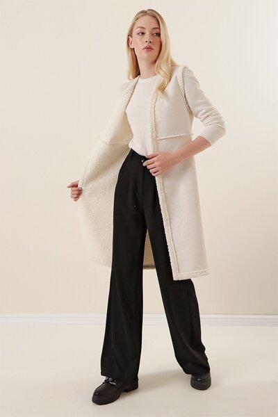 Yasmy Collection Kadın Beyaz Içi Suni Kürklü Uzun Suni Deri Yelek Hzl23w-bd16...