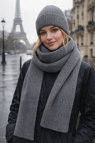 FELLMENS Gray Lux Wool Corded Fabric Knitted Scarf and Beanie Set of 2 45X210 cm