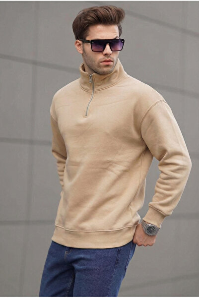 MADZEYMODA Men's 3 Thread Sh Fleece-Lined Half Zip D Mock Neck Beige Sweatshi...