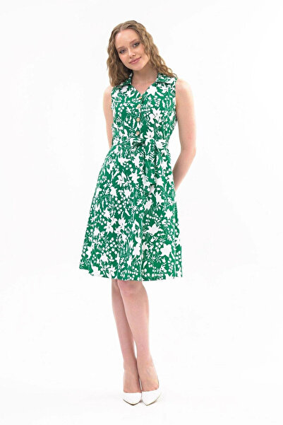 Bonnie Clyde Women's Shirt Collar Button Detail Patterned Elegant Midi Green ...