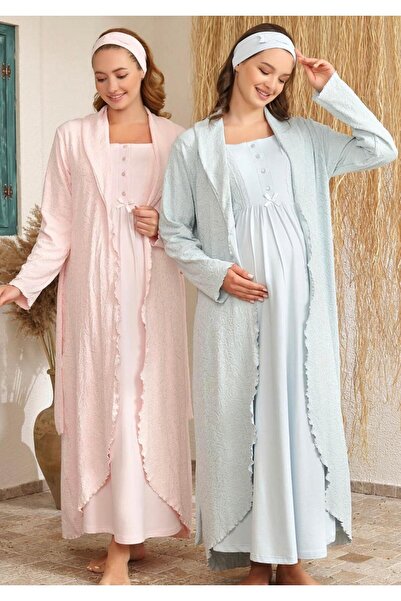 Baha Tesettüre Uygun Ekru-Pembe Jakarlı Şardonlu Sabahlıklı 2 li Lohusa Gecel...