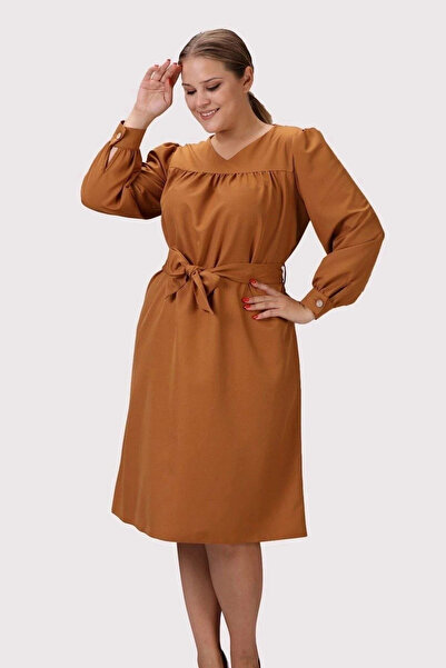 Astra Plus Women's Elastic Long Sleeve Ribbon Tie Detail Orange Dress - Orang...