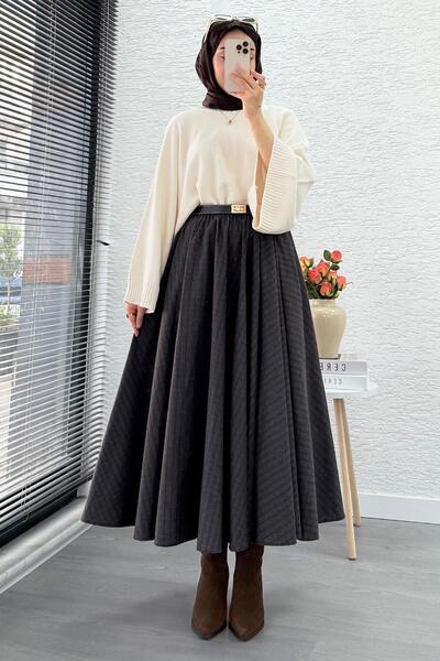 MELEK ARAZ Elastic Waist Mid-Length Plaid Pattern Skirt - Bitter Brown