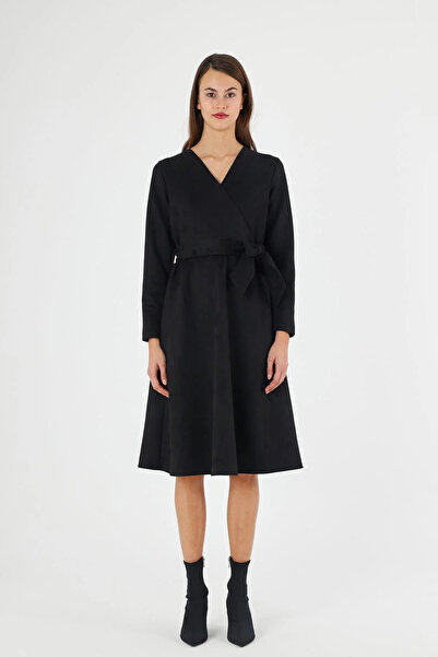 Bonnie Clyde Women's Waist Belted Low-Cut Detailed Comfortable Midi Black Dre...