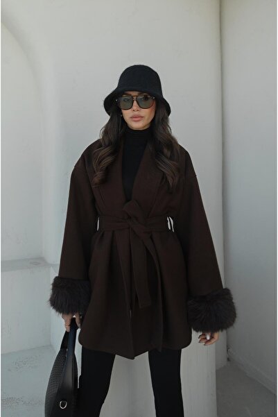Havoş Brown Cashmere Coat with Fur Sleeves and Belt
