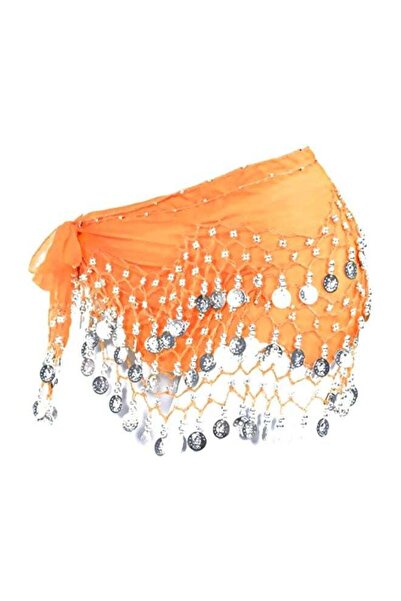 LILY Chiffon Waist Belt for Belly Dance with Golden Pendants Orange - HS/Silver