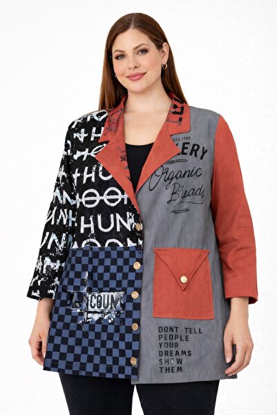 Şans Women's Plus Size Gray, Sequin and Print Detail Unlined Thin Denim Jacke...