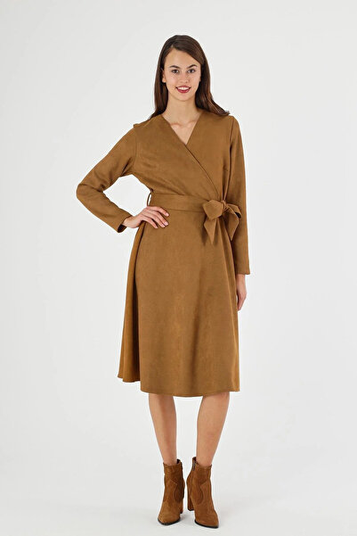 Astra Plus Women's Waist Belted Low-Cut Detailed Comfortable Midi Tan Dress -...