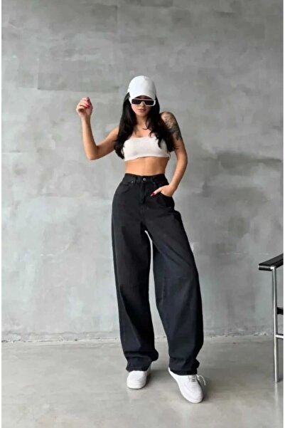 Trn JNS Adele Black Snow Wash Buckle Detail Loose Fit Wide Leg Comfortable Ba...