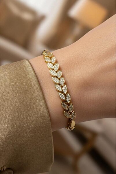 Valmont Accessories 14K Altın Renkli Yaprak Detaylı Taşlı Kadın Bileklik 17 c...
