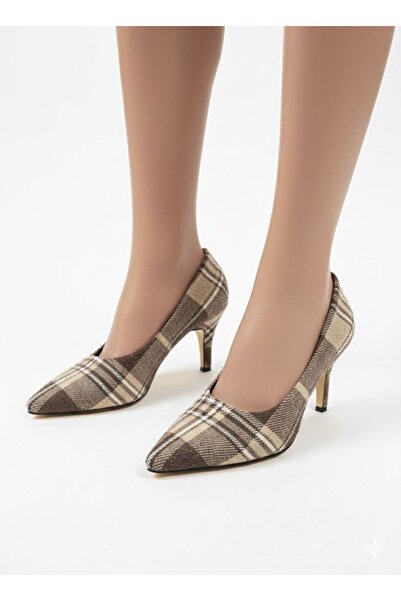 diya shoes Women's Plaid Patterned Pointed Toe Heeled Shoes – Stylish Casual ...