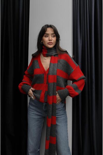 Havoş Red Striped V-Neck Cardigan with Scarf