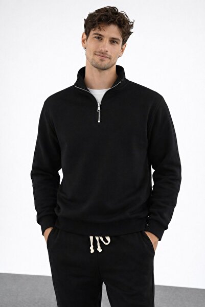 oraystore Men's Half Zip Black Basic Sweatshirt