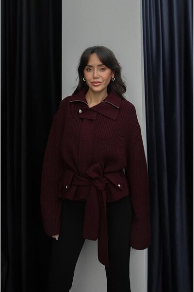 Havoş Burgundy Zippered Belted Wool Blend Cardigan