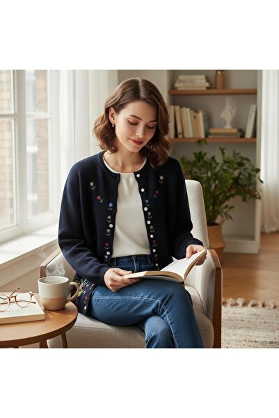 GÖMLEK GALERİSİ Women's Angora Floral Embroidered Crew Neck Cardigan Standard...