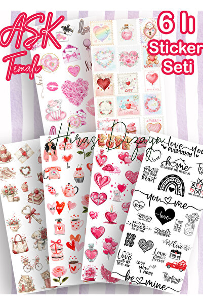 Hiras Dizayn 6lı Aşk Sevgi Sevgililer Günü Slogan Sticker Set Dekoratif Etike...