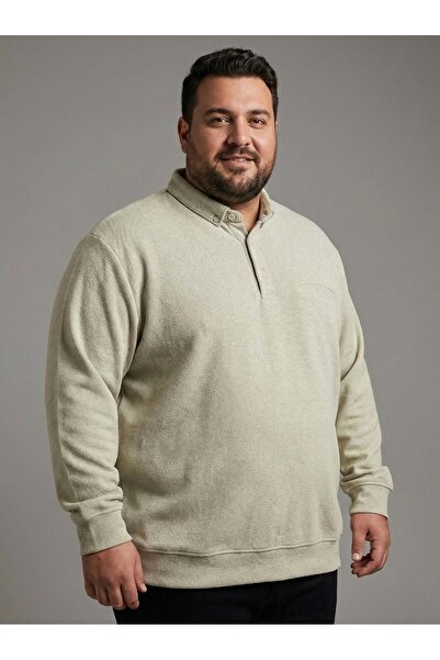 TANİŞ GİYİM Plus Size Solid Color Polo Neck Sweat Sweatshirt