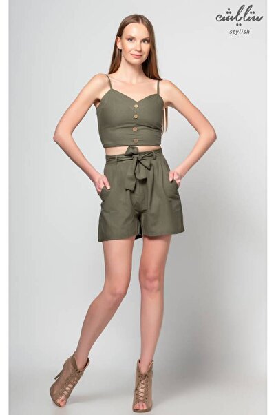 Stylish High-waisted olive shorts set with off-the-shoulder design and button...