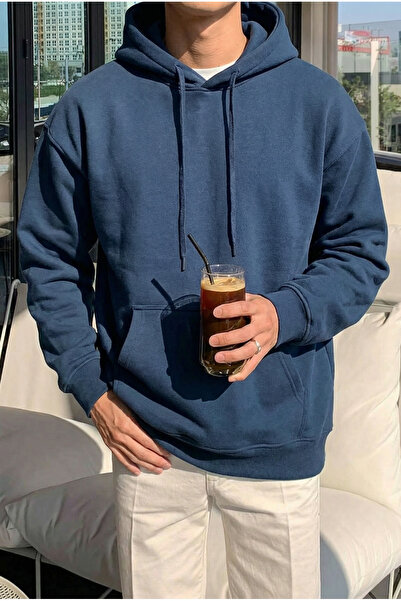 MADZEYMODA Men's 3 Thread Sh Fleece-Lined K Hooded Navy Blue Kangaroo Sweatsh...