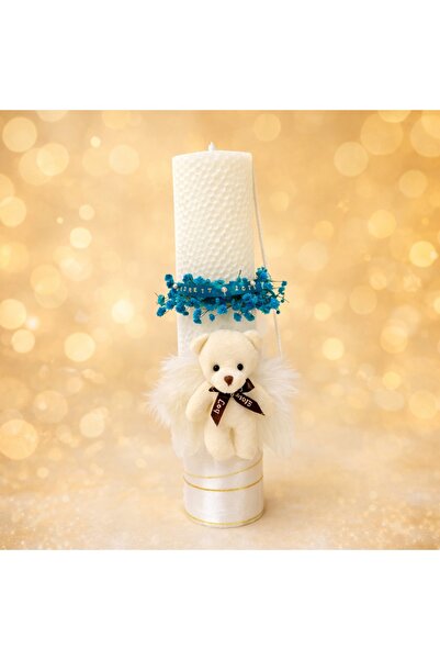 kizu Handmade Wax Baptism Candle for Boys with Bear and Flowers