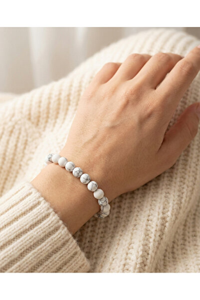 Playaks سوار من الحجر الطبيعي هاوليت (الهاوليت) ذو ملمس رخامي أبيض