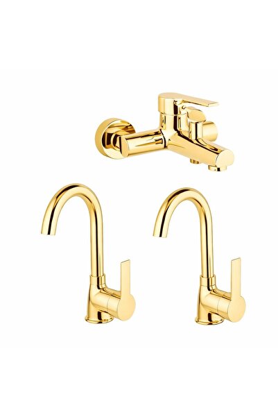 Viosa Gold Altın Mutfak Lavabo Banyo 3'Lü Batarya Musluk Seti 5 Yıl Garantili