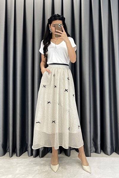 TOPSHOW Bel Şeritli Fiyonk Detay Şifon Etek - Taş TAŞ