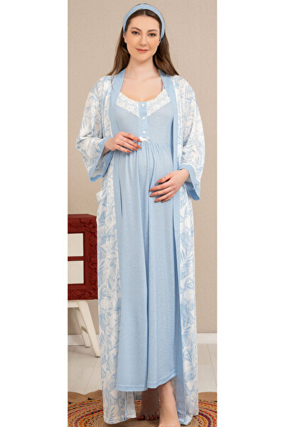 Baha Desenli Uzun Kollu Sabahlıklı Kolsuz Lohusa Gecelik Takımı Tesettüre Uyg...