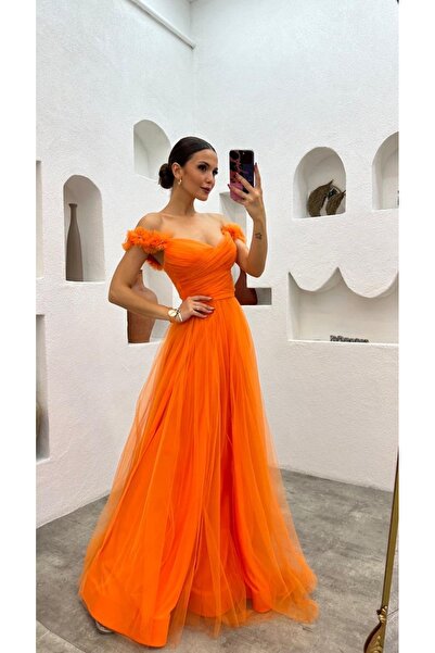 Butik Turuncu Tül Detaylı Uzun Abiye Elbise