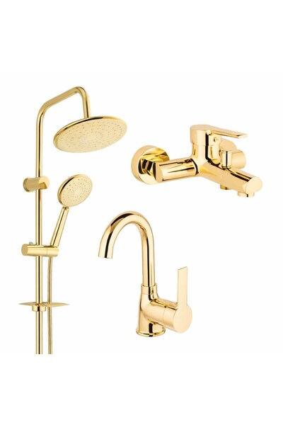 Viosa Gold Altın Yağmurlama Tepe Duş Seti Mutfak Lavabo 3'Lü Batarya Musluk Seti