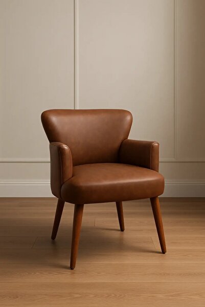 WATERYBROOK Tekli Berjer Koltuk - Suni Deri - Ceviz Ahşap Ayaklı - Modern Ret...