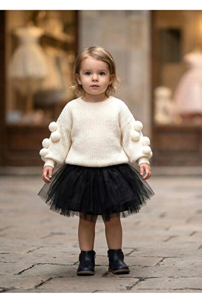 Miaras Girl's Pompom Knitwear Sweater and Black Tutu Skirt 2-Piece Set