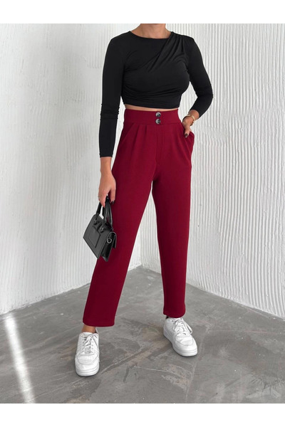 ZENGEZUR MALL Mtxdpn Knitted Crepe Trousers Double Button Claret Red (170740)...