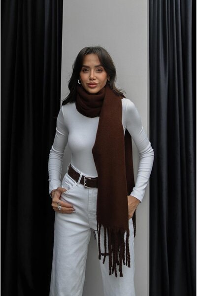 Havoş Eșarfă maro cu margini cu franjuri