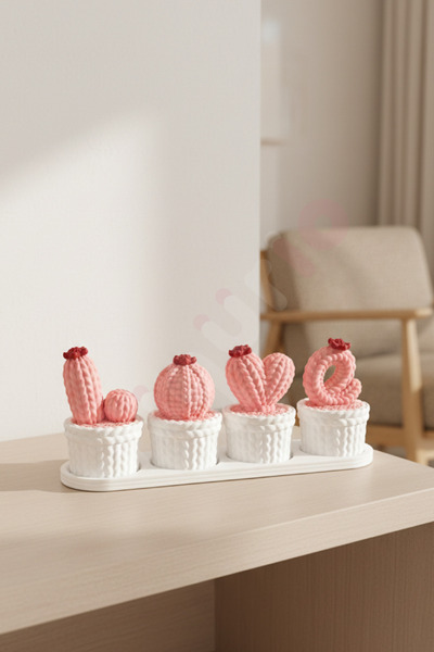 figurio Love Yazılı Örgü Görünümlü Plastik Kaktüs Seti / 4’lü Mini Dekoratif ...
